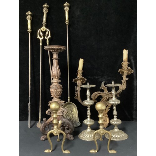 162 - An early 20th century French ormolu wall sconce; a pair of pricket candlesticks; a set of fire irons... 