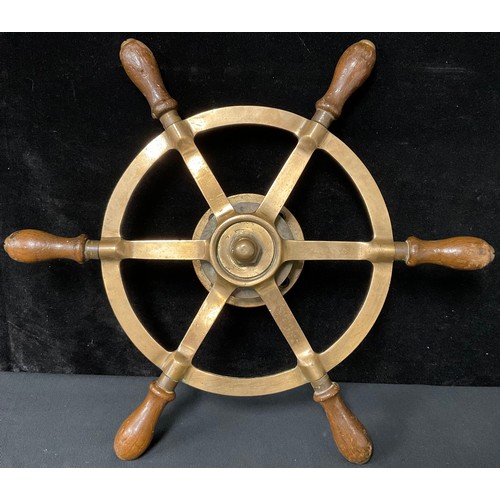 166 - A bronze ships wheel, each of the six spokes with turned oak handle, rear fastening plate, 49cm diam... 