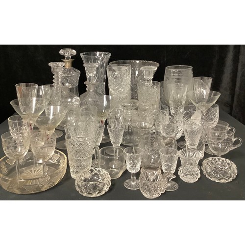 172 - Glassware - a pair of 19th century cut glass decanters; a silver mounted cut glass decanter, faults;... 