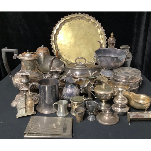 222 - Plated Ware - a shaped oval entree dish and cover; a pair of Victorian candlesticks; a cocktail shak... 