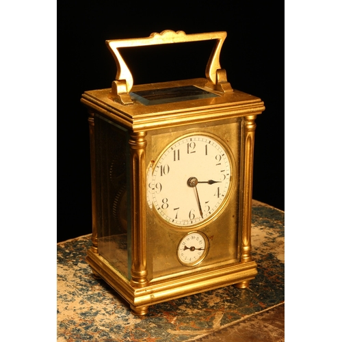 233 - A late 19th century French gilt brass carriage alarm timepiece, 5cm enamel clock dial inscribed with... 