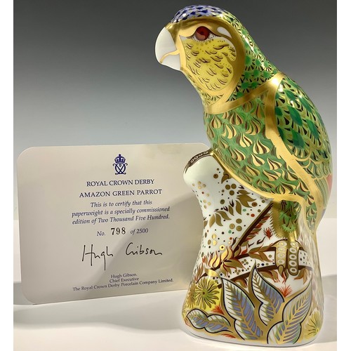 9 - A Royal Crown Derby paperweight, Amazon Green Parrot, limited edition 798/2,500, gold stopper, 15cm,... 