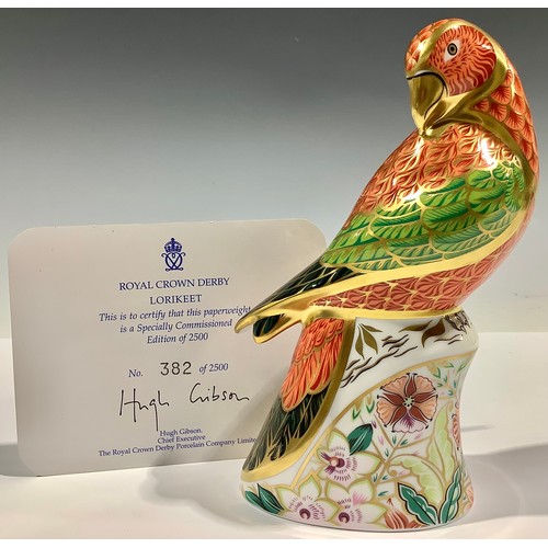10 - A Royal Crown Derby paperweight, Lorikeet, limited edition 382/2,500, gold stopper, 16cm, certificat... 