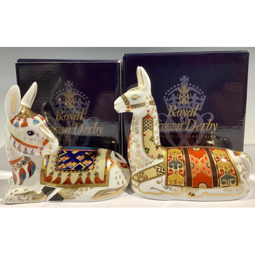 11 - A Royal Crown Derby paperweight, Llama, Collector's Guild exclusive, gold stopper, boxed; another, D... 