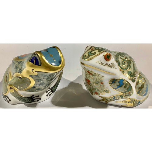 13 - A Royal Crown Derby paperweight, Marsh Frog, gold stopper; another, Fountain Frog, gold stopper (2)