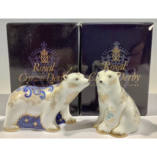 15 - A Royal Crown Derby paperweight, Polar Bear Cub Standing, gold stopper, boxed; another, Polar Bear C... 