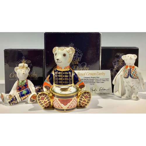 16 - A Royal Crown Derby paperweight, Teddy Bear, Drummer Teddy, gold stopper, boxed; other miniature bea... 