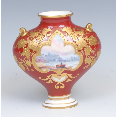 282 - A Royal Crown Derby heart shaped specimen vase, painted with a seascape, decorated in gilt with frui... 