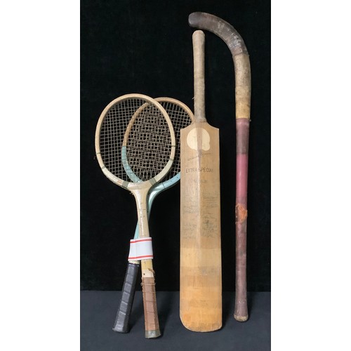 305 - Sporting Interest - a signed cricket bat, Kent 1981; two tennis racquets; a hockey stick