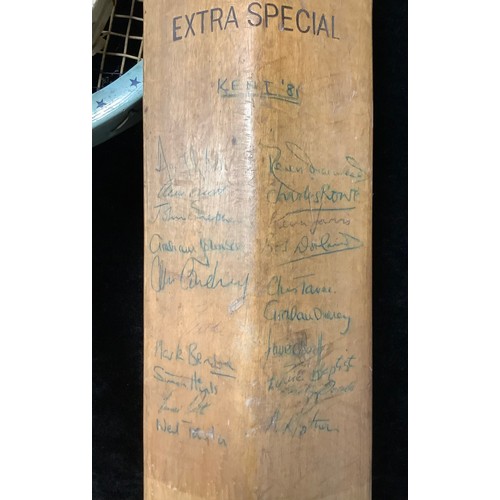 305 - Sporting Interest - a signed cricket bat, Kent 1981; two tennis racquets; a hockey stick