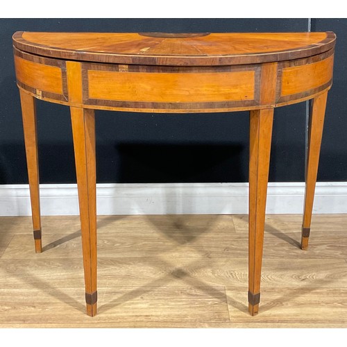 115 - A 19th century rosewood crossbanded satinwood demilune card table, 72cm high, 96cm wide, 45.5cm deep