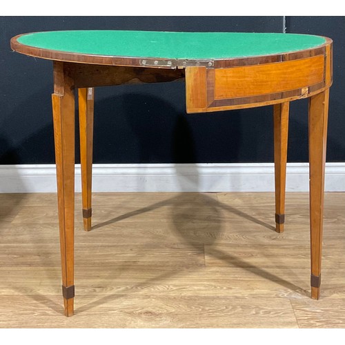 115 - A 19th century rosewood crossbanded satinwood demilune card table, 72cm high, 96cm wide, 45.5cm deep