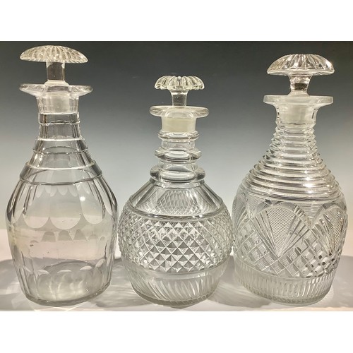 336 - A post-Regency Prussian-shaped cut glass decanter, stepped shoulder above hobnail panels, mushroom s... 