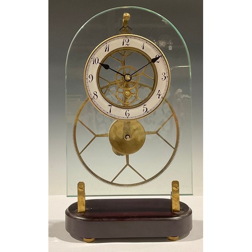 338 - A contemporary skeleton clock, arched glass plate mounted with enamel chapter ring, Arabic numerals,... 