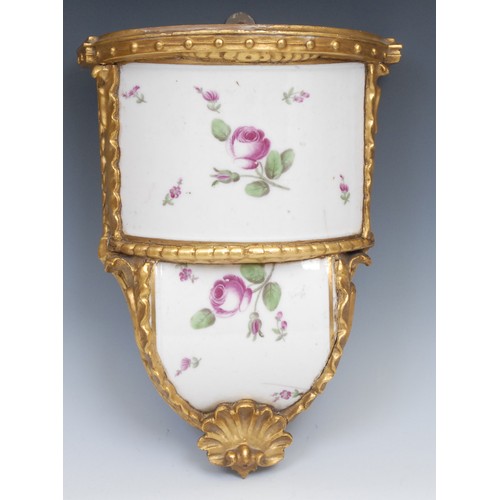 355 - A 19th century Continental giltwood and porcelain wall bracket, painted with roses and sprigs, 32cm ... 