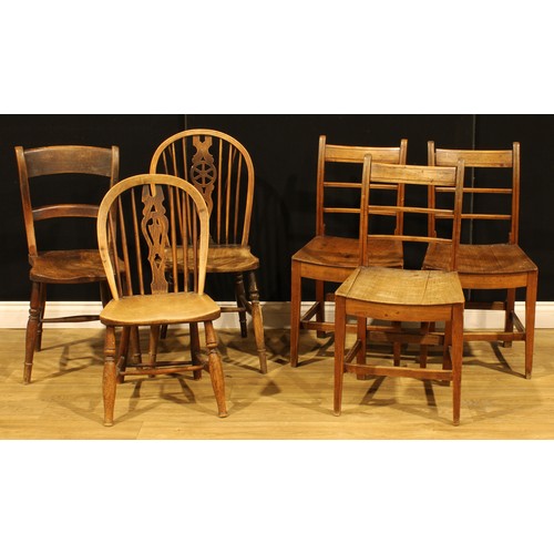 206 - A 19th century Oxford back kitchen chair; others, wheel back; a set of three Provincial bar back din... 