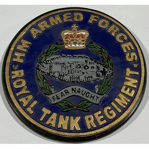 378 - A painted circular cast iron Armed Forces Royal Tank Regiment plaque, 27cm diameter