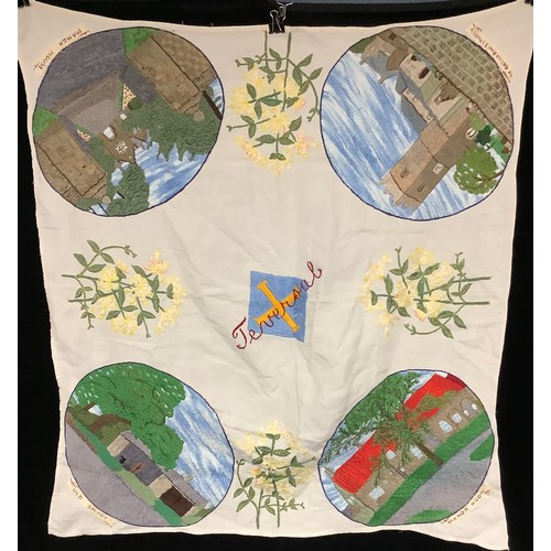 384 - Textiles - an embroidered square linen panel, worked in colourful threads, with central map of Derby... 