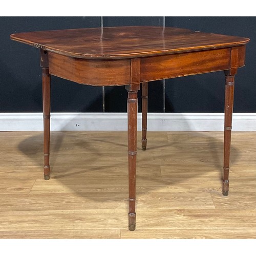 214 - A 19th century mahogany tea table, hinged top, ring-turned legs, 74cm high, 91.5cm wide, 45cm deep