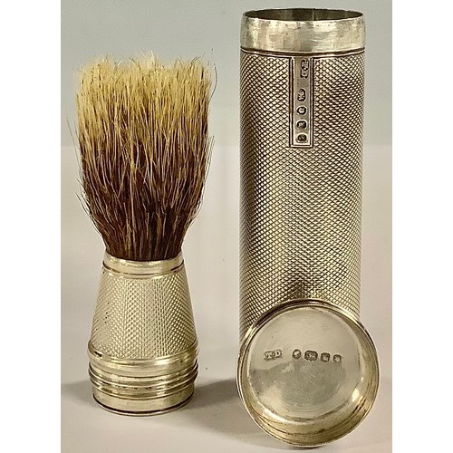 388 - A Victorian silver cylindrical travelling shaving brush, engine turned