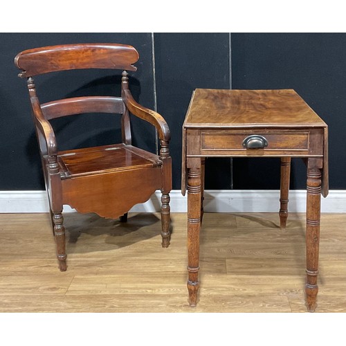 217 - A 19th century mahogany Pembroke table, 70cm high, 49cm opening to 99cm wide, 86cm deep; a commode a... 