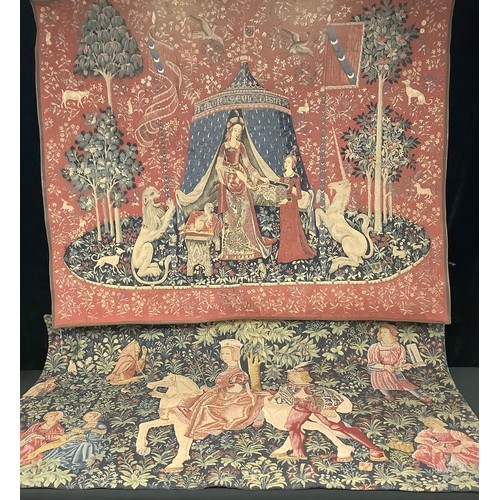 411 - A French Point de L'Halluin tapestry wall hanging, of a Medieval scene, 110cm x 135cm; another simil... 