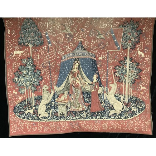 411 - A French Point de L'Halluin tapestry wall hanging, of a Medieval scene, 110cm x 135cm; another simil... 