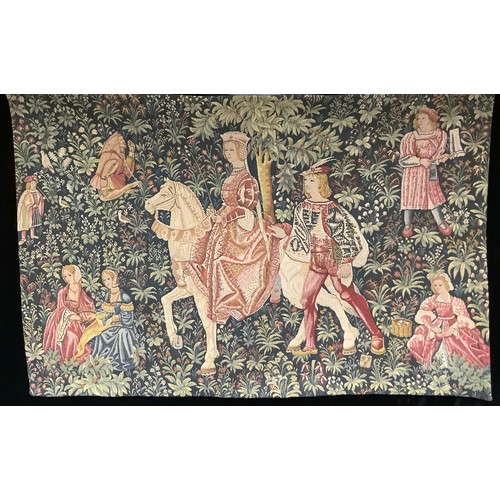 411 - A French Point de L'Halluin tapestry wall hanging, of a Medieval scene, 110cm x 135cm; another simil... 