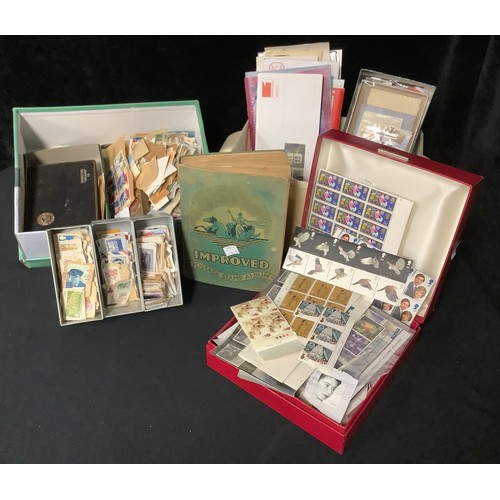 422 - Stamps - three containers of material, to include loose on paper, Improved Stamp Album, bulging, plu... 