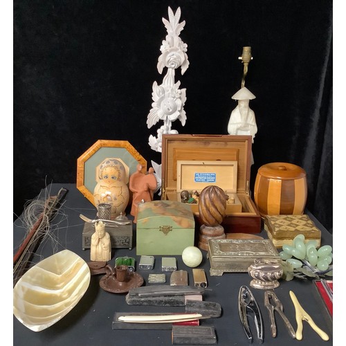 435 - Boxes and Objects - a cigar humidor; a Chinese soapstone figure, mounted as a table lamp; violin bow... 