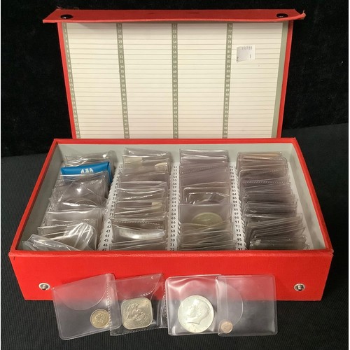 447 - UK and Foreign coins – A red slide box containing an accumulation of mainly base metal UK and foreig... 