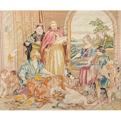 550 - A large Victorian needlework tapestry, figures with dogs and game, 106 x 123cm