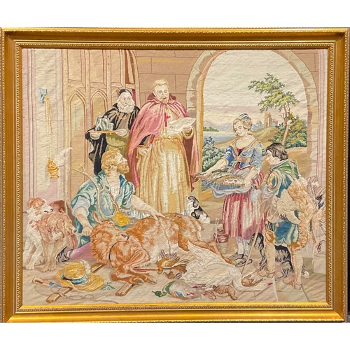 550 - A large Victorian needlework tapestry, figures with dogs and game, 106 x 123cm