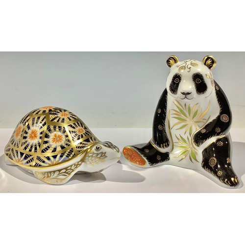 25A - A Royal Crown Derby paperweight, Giant Panda, silver stopper; another, Indian Star Tortoise, silver ... 