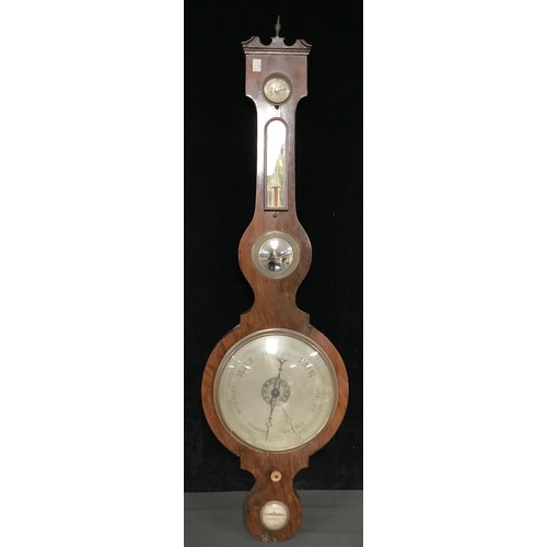 570 - A Post-Regency rosewood wheel barometer, applied with a hygrometer, thermometer and convex butler’s ... 