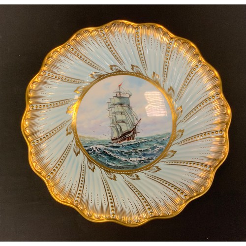 13 - A Coalport Tazza-shaped comport, painted by Malcom Harnet, with galleon on high seas, signed, fluted... 