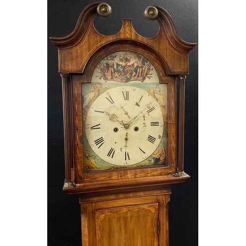 38 - A 19th century mahogany Longcase clock, eight-day movement, the dial painted with heraldic crest, an... 