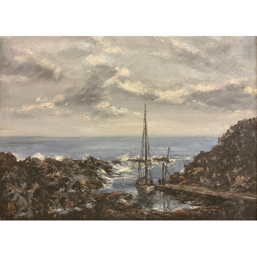 49 - Manner of Algernon Talmage, Newlyn School, Coastal Landscape with sailing boat, indistinctly signed ... 