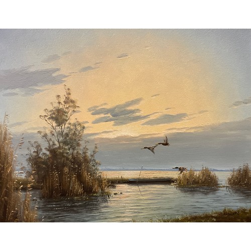 57 - Gien Brouwer (Dutch, born as G. Van de Velde, 1944), Dusk over the Dutch Wetlands, with Mallards in ... 