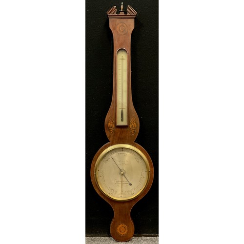 77 - An early Victorian mahogany wheel barometer, architectural pediment, case inlaid with shell patera, ... 