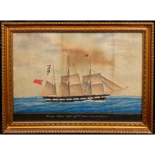 79 - 19th century Maritime school, Barque Latona Blyth, entering the port of Genoa, watercolour, dated 18... 