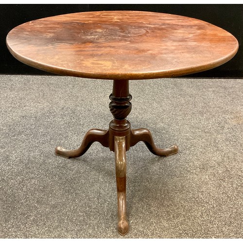 83 - A 19th century mahogany tilt-top centre table, turned support, tripod base, 69cm high x 84.5cm diame... 