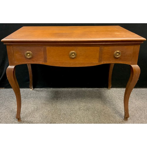 97 - An early 20th century oak low boy, three drawers to frieze, cabriole legs, 79cm high x 106.5cm wide ... 