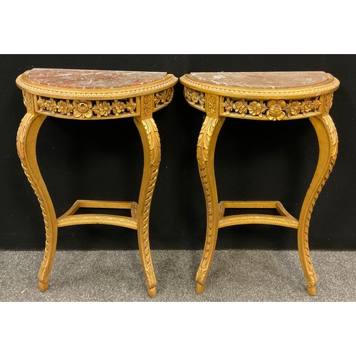 98 - A pair of Louis xiv gilt-wood style demi-lune side tables, rouge marble semi-circular inset tops, ea... 