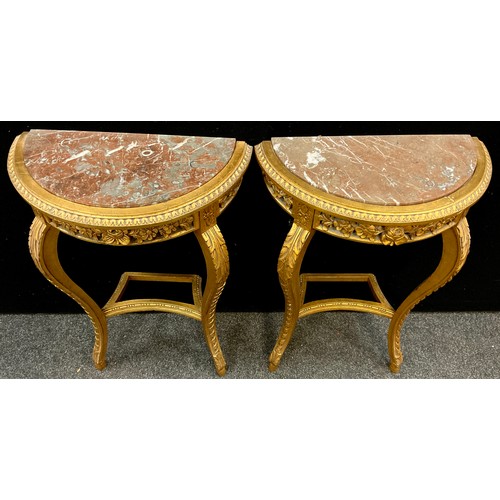 98 - A pair of Louis xiv gilt-wood style demi-lune side tables, rouge marble semi-circular inset tops, ea... 