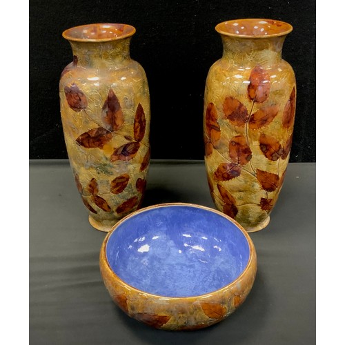 105 - A pair of Royal Doulton Autumn Leaves pattern baluster vases, impressed marks, no X8531P, 9211, 36cm... 