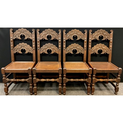 113 - A set of four Frank Pratt of Derby, 17th century style, carved oak dining chairs, shaped cresting ra... 