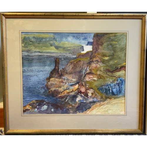 123 - R. D. Macdonald, Scottish Coast, signed, watercolour, 43cm x 55cm;  another, David L. Roberts, Osdal... 