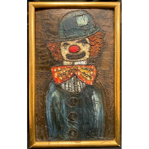 124 - Mid 20th century Naive school, portrait of a clown, indistinctly signed, oil on board, 50cm x 30cm.