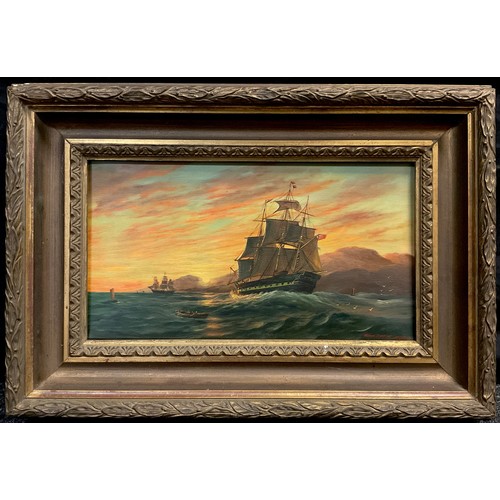 136 - William Anderson, 20th century, twilight sails along the coast, signed, oil on canvas, 15cm x 46cm.